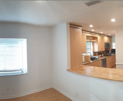 clean walls, butcher block counter to ceiling pass through, 